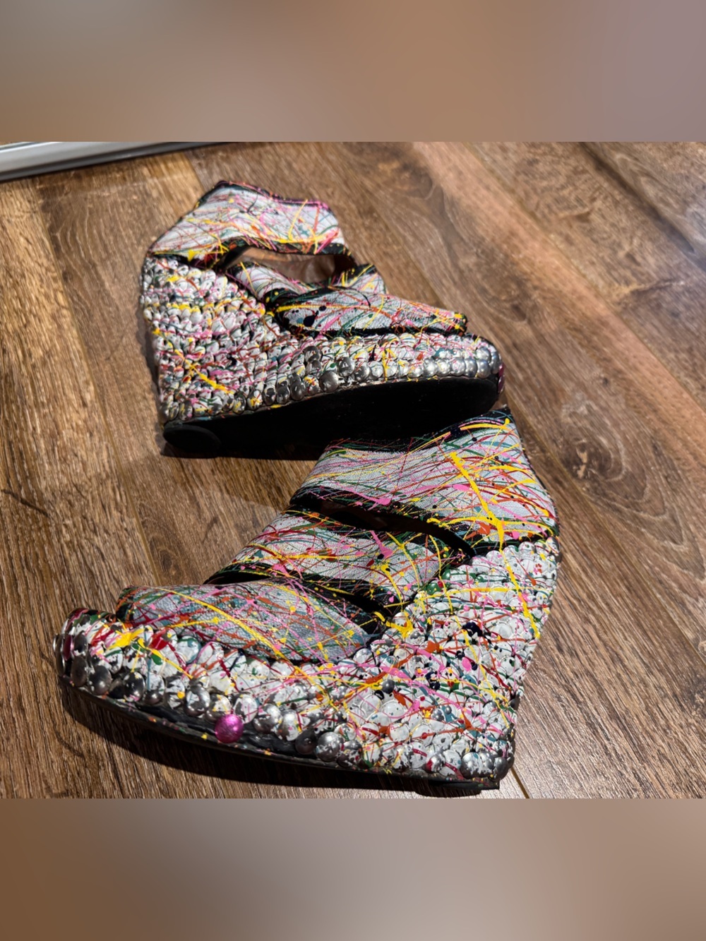 Jeffery Campbell Splash Ankle Hand-Painted Silver Studded Wedge Colorful sz 40